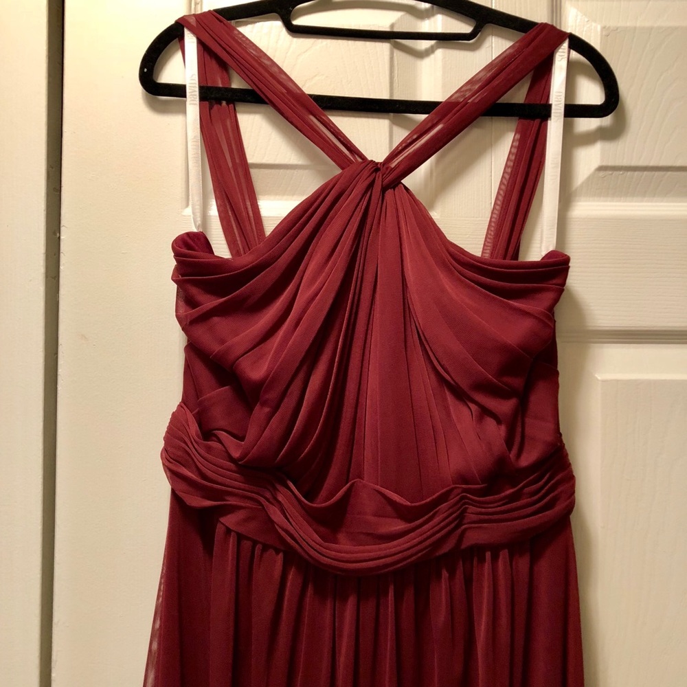 David’s Bridal Wine Colored Long Mesh Y-Neck Dress